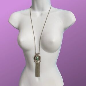 Crystal & Faux Turquoise Cabochon Necklace With Chain Dangles